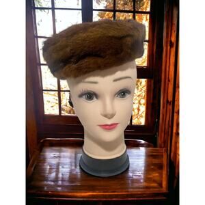 Pill Box Hat Brown Fur with Chin Strap Vintage 50s 60s